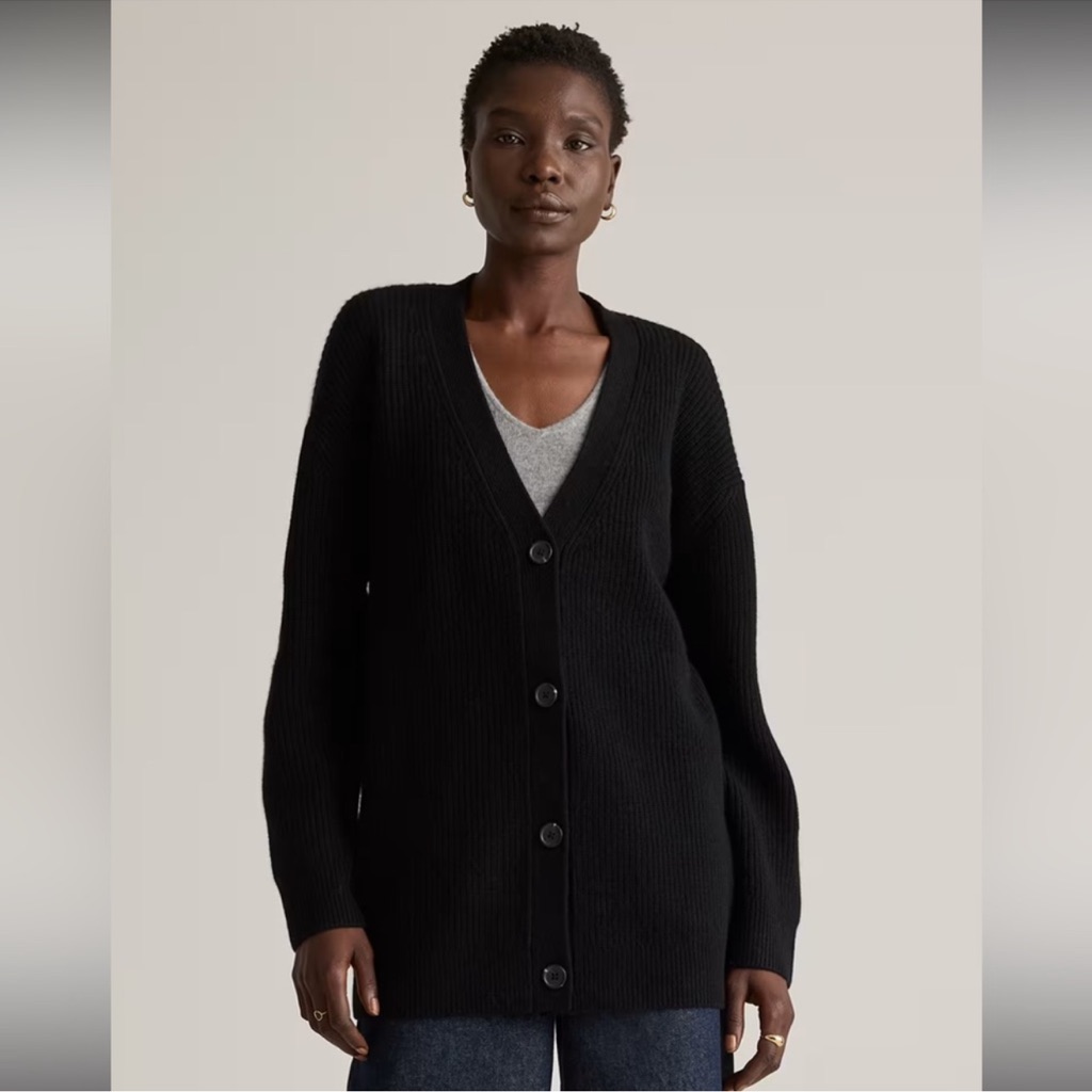 Quince Black Ribbed V-Neck Button Front Cardigan